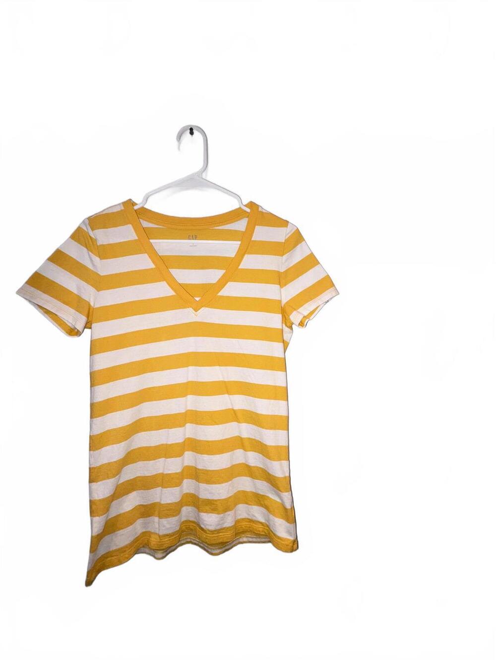 GAP Women's Yellow and White Striped V-Neck T-Shirt [COPY]